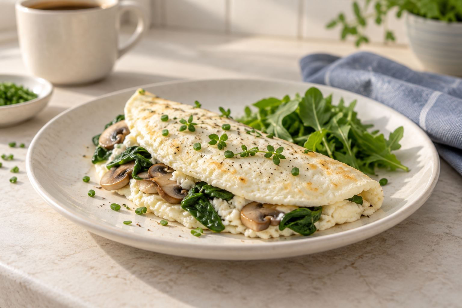 Pale egg-white omelet with spinach, mushrooms and fresh herbs