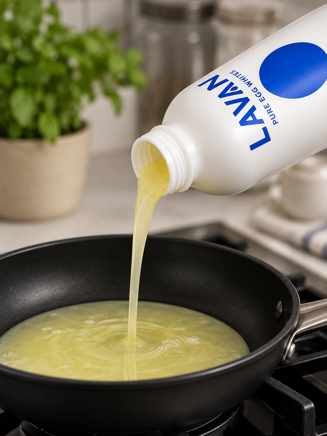 Translucent liquid egg whites pouring from the matching LAVAN 500 mL bottle into a frying pan