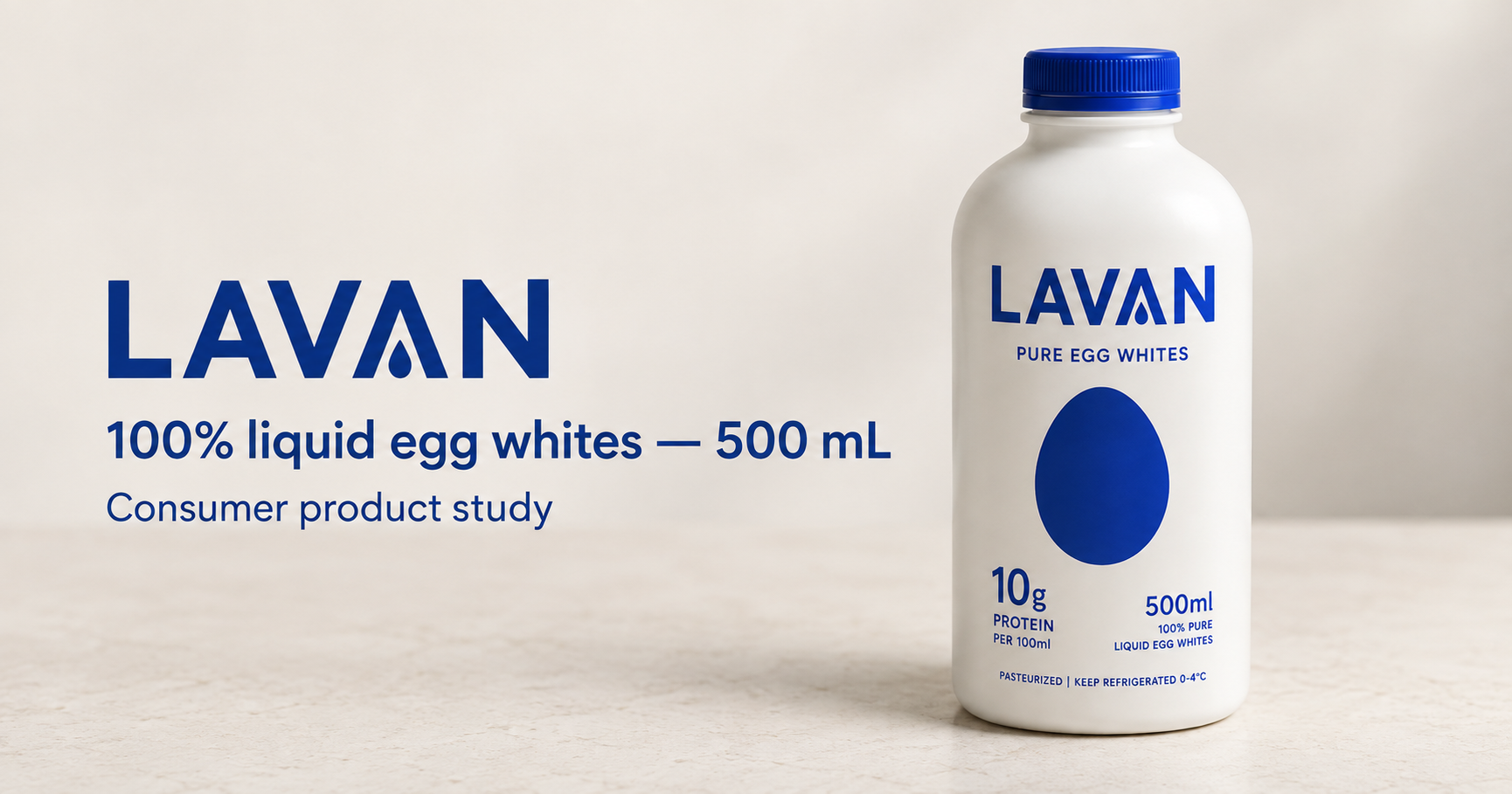 White 500 mL LAVAN liquid egg whites bottle with a blue cap